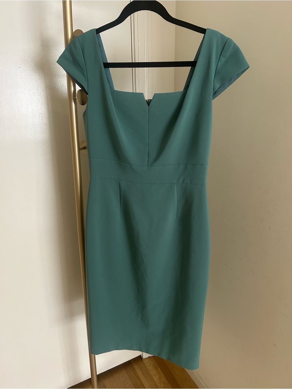 Maggy London Teal Sheath Dress Square Neck Midi Cocktail Dress Size 6